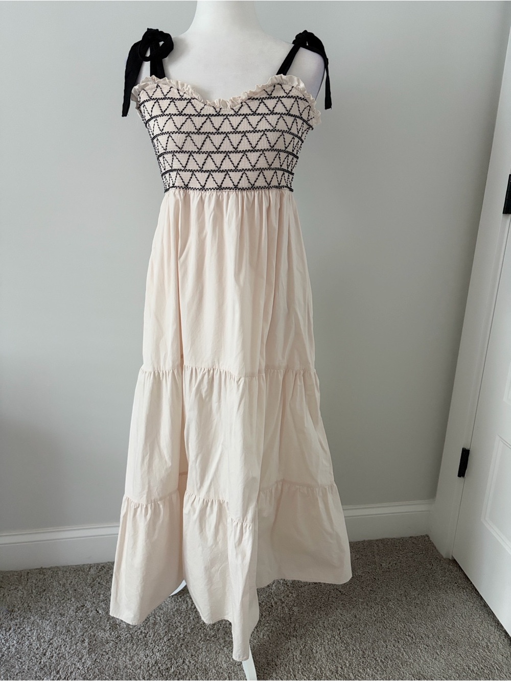 Audrey Parks Cream Colored Maxi Dress with Black Ties - Picture 2 of 6